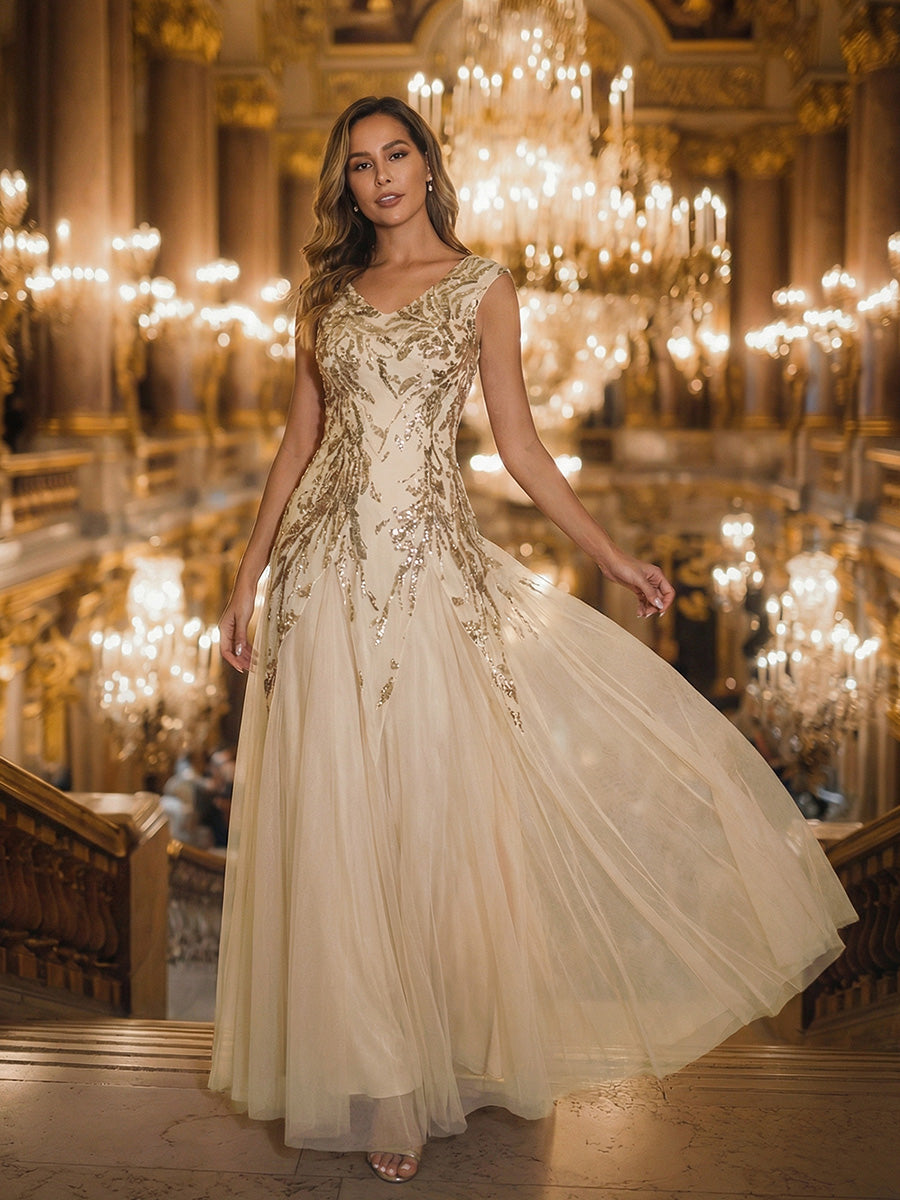 Bodenlanger V-Ausschnitt A-Linie Pailletten Kleid Mit Besticktem Blumenmuster #Farbe_Gold