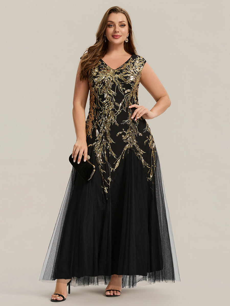 Bodenlanger V-Ausschnitt A-Linie Pailletten Kleid Mit Besticktem Blumenmuster #Farbe_Schwarz & Gold
