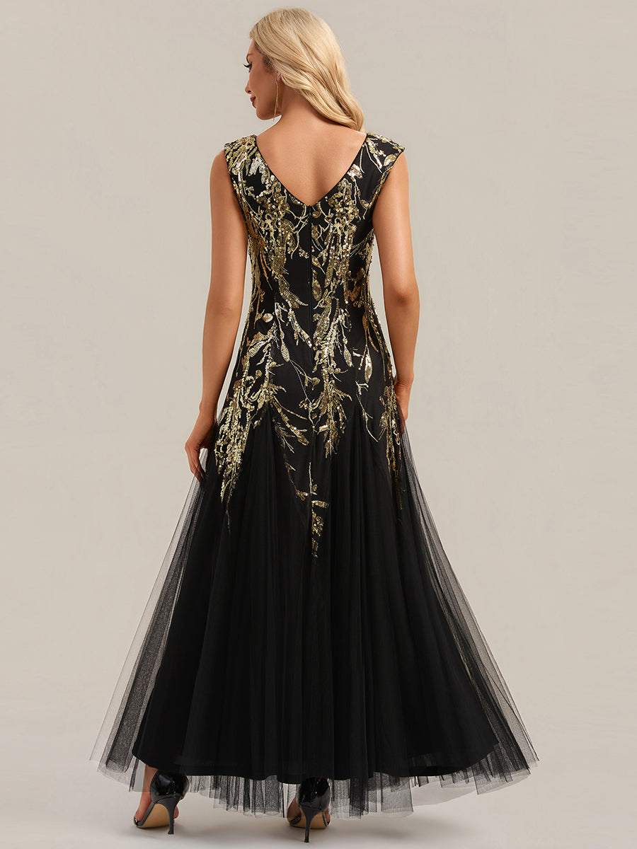 Bodenlanger V-Ausschnitt A-Linie Pailletten Kleid Mit Besticktem Blumenmuster #Farbe_Schwarz & Gold