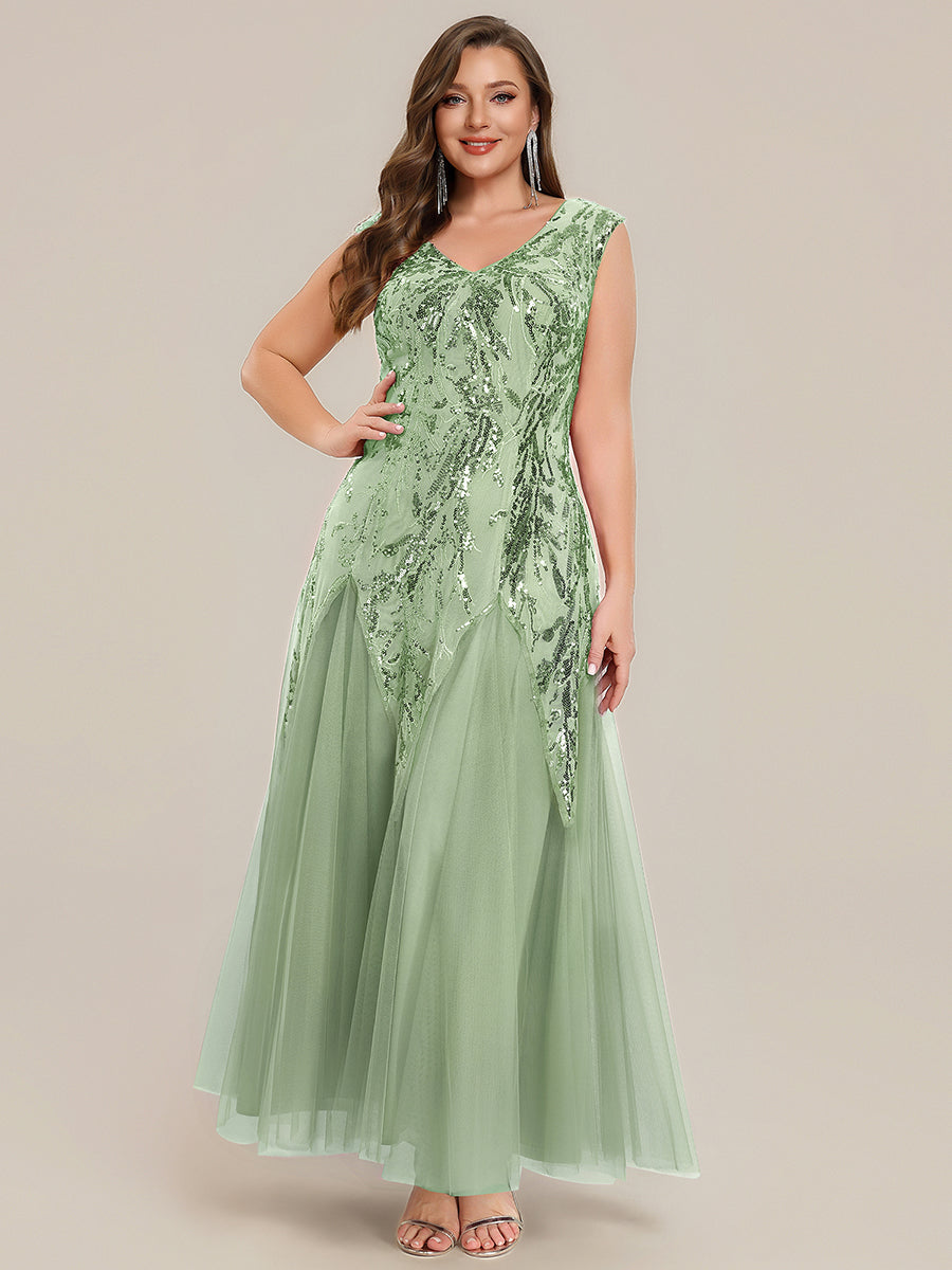 Bodenlanger V-Ausschnitt A-Linie Pailletten Kleid Mit Besticktem Blumenmuster #Farbe_Mintgrün