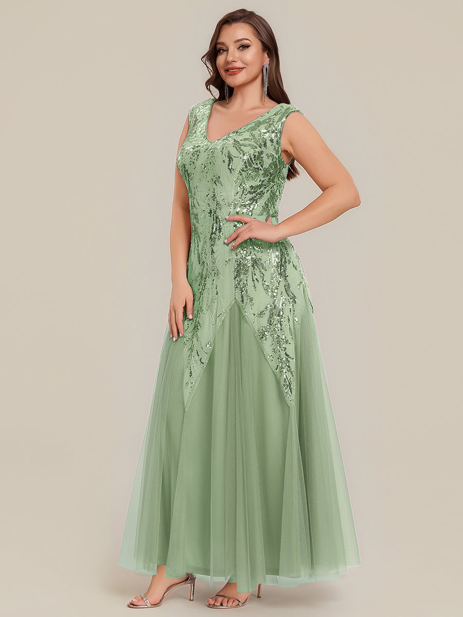 Bodenlanger V-Ausschnitt A-Linie Pailletten Kleid Mit Besticktem Blumenmuster #Farbe_Mintgrün