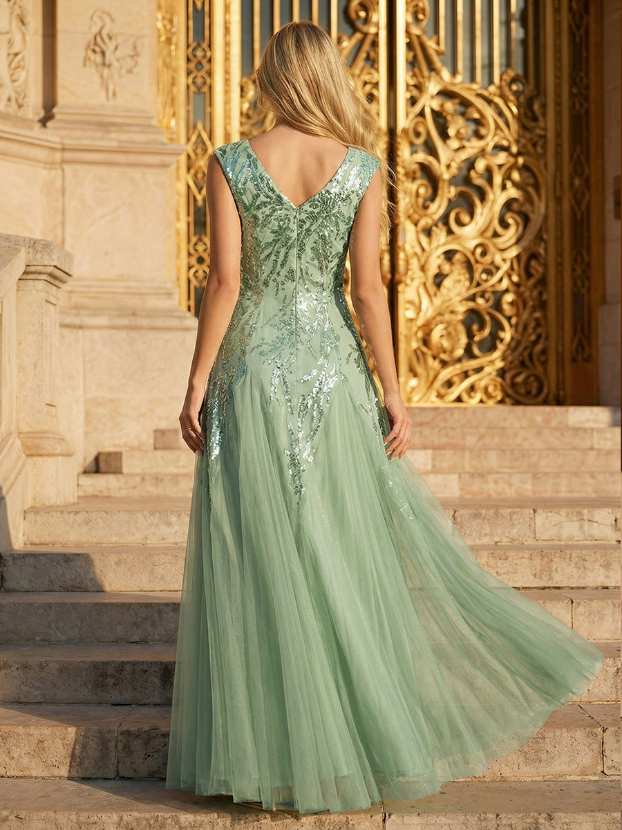 Bodenlanger V-Ausschnitt A-Linie Pailletten Kleid Mit Besticktem Blumenmuster #Farbe_Mintgrün