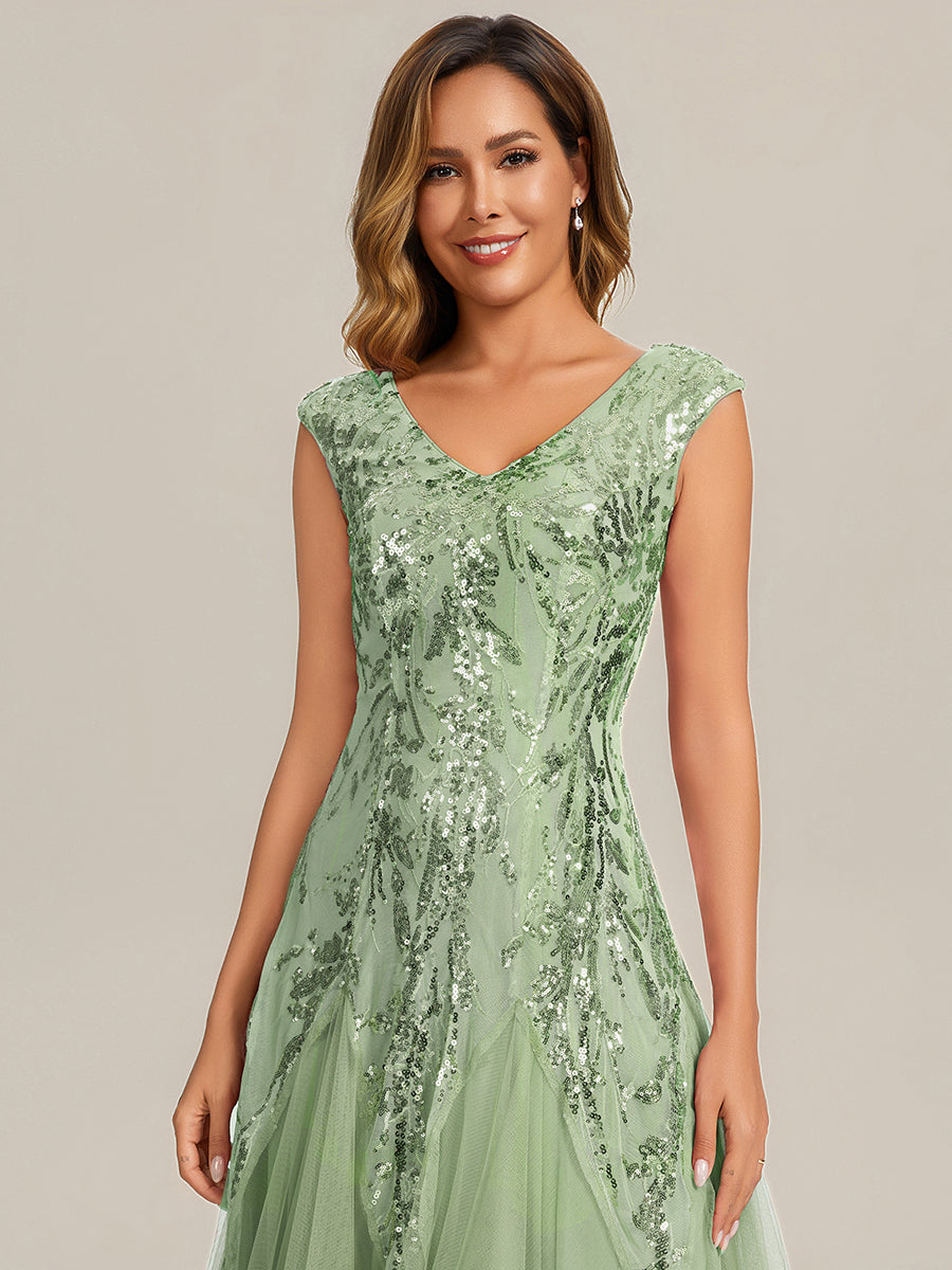 Bodenlanger V-Ausschnitt A-Linie Pailletten Kleid Mit Besticktem Blumenmuster #Farbe_Mintgrün