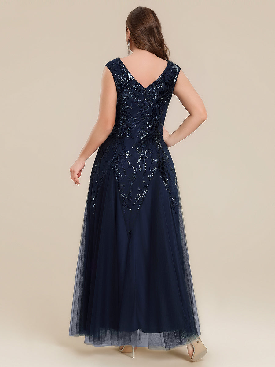 Bodenlanger V-Ausschnitt A-Linie Pailletten Kleid Mit Besticktem Blumenmuster #Farbe_Marineblau