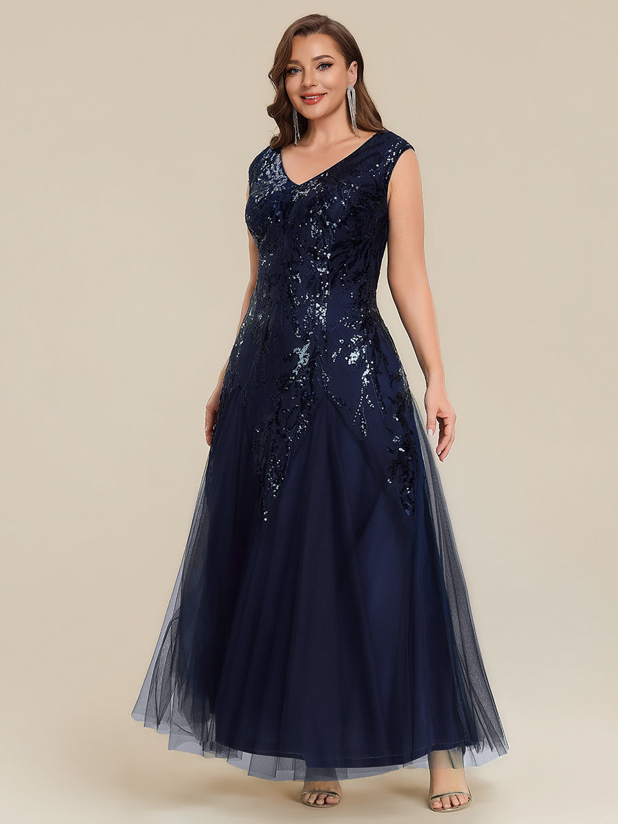 Bodenlanger V-Ausschnitt A-Linie Pailletten Kleid Mit Besticktem Blumenmuster #Farbe_Marineblau