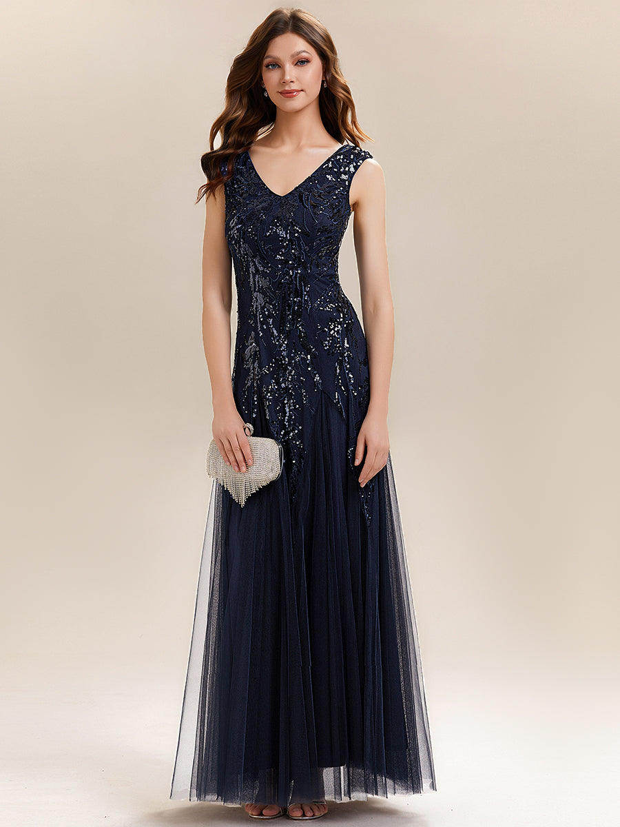 Bodenlanger V-Ausschnitt A-Linie Pailletten Kleid Mit Besticktem Blumenmuster #Farbe_Marineblau