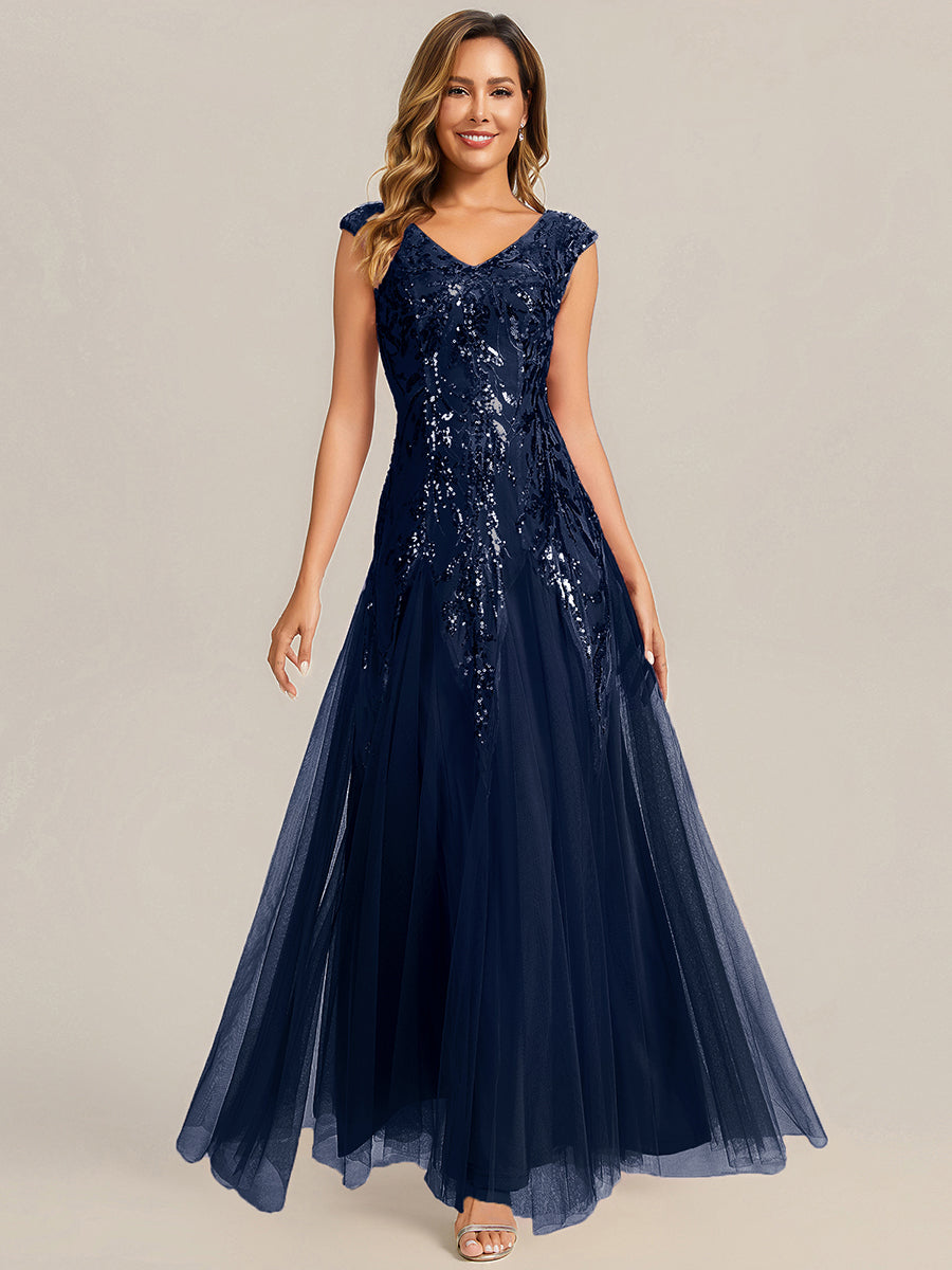 Bodenlanger V-Ausschnitt A-Linie Pailletten Kleid Mit Besticktem Blumenmuster #Farbe_Marineblau