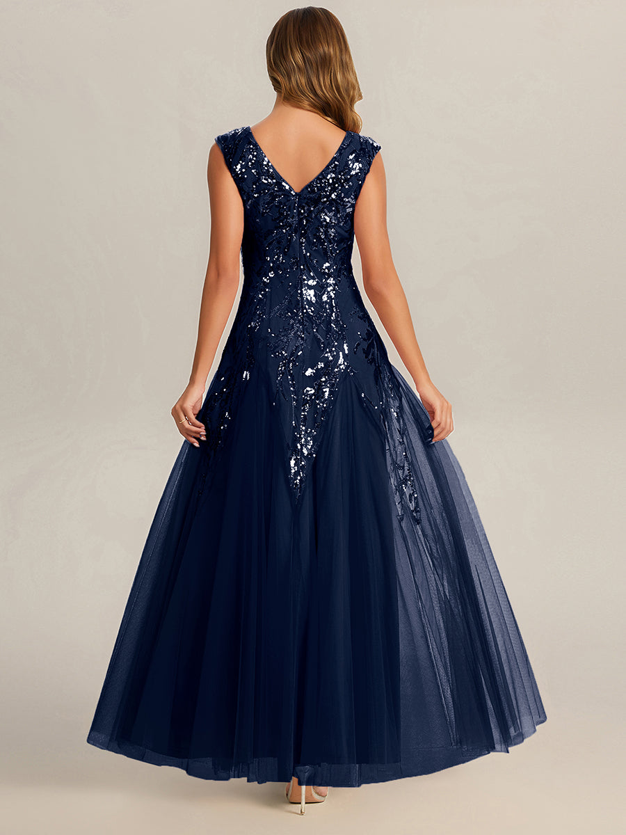 Bodenlanger V-Ausschnitt A-Linie Pailletten Kleid Mit Besticktem Blumenmuster #Farbe_Marineblau
