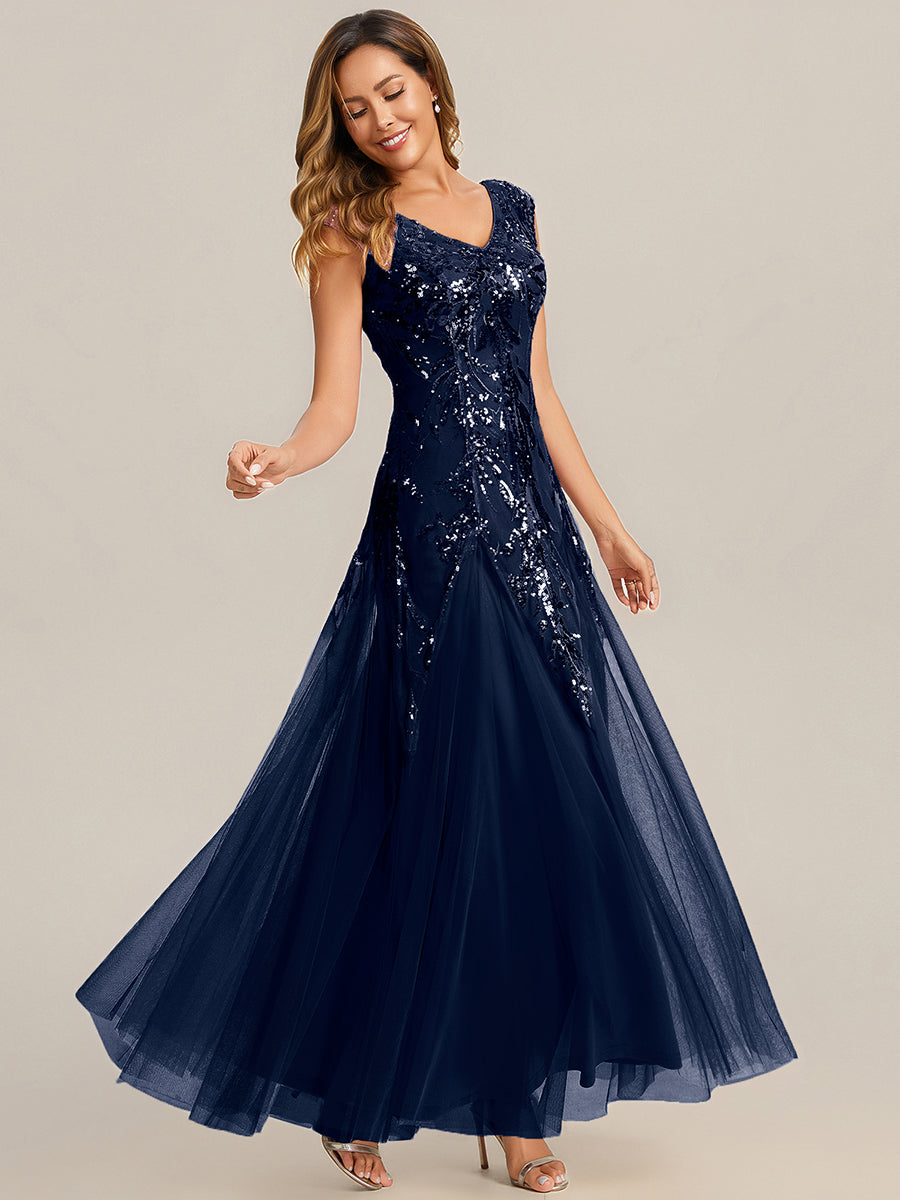 Bodenlanger V-Ausschnitt A-Linie Pailletten Kleid Mit Besticktem Blumenmuster #Farbe_Marineblau