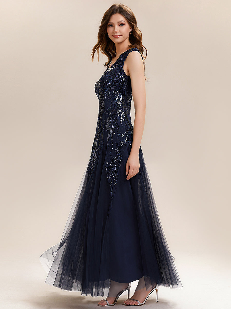 Bodenlanger V-Ausschnitt A-Linie Pailletten Kleid Mit Besticktem Blumenmuster #Farbe_Marineblau