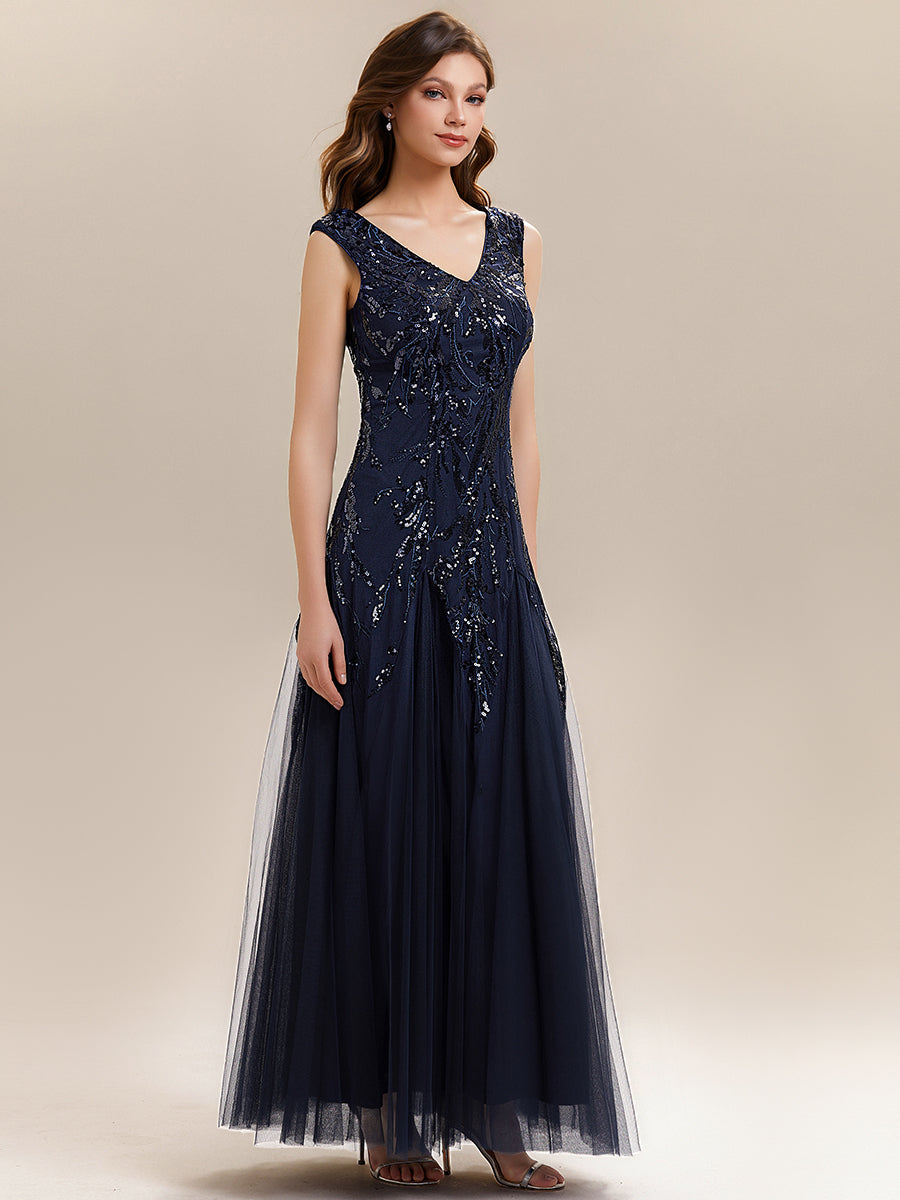 Bodenlanger V-Ausschnitt A-Linie Pailletten Kleid Mit Besticktem Blumenmuster #Farbe_Marineblau