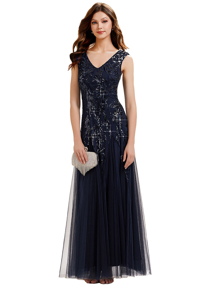 Bodenlanger V-Ausschnitt A-Linie Pailletten Kleid Mit Besticktem Blumenmuster #Farbe_Marineblau
