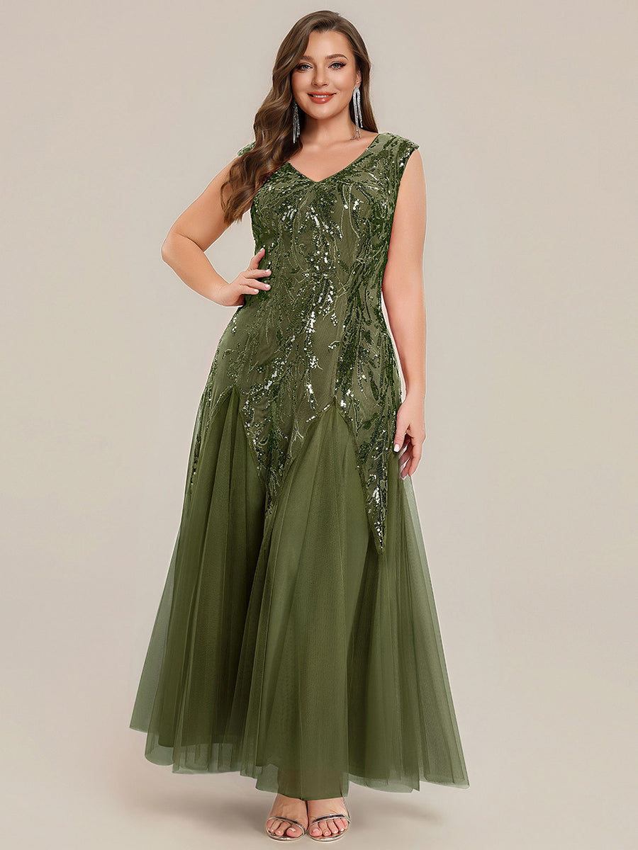 Bodenlanger V-Ausschnitt A-Linie Pailletten Kleid Mit Besticktem Blumenmuster #Farbe_Olivgrün