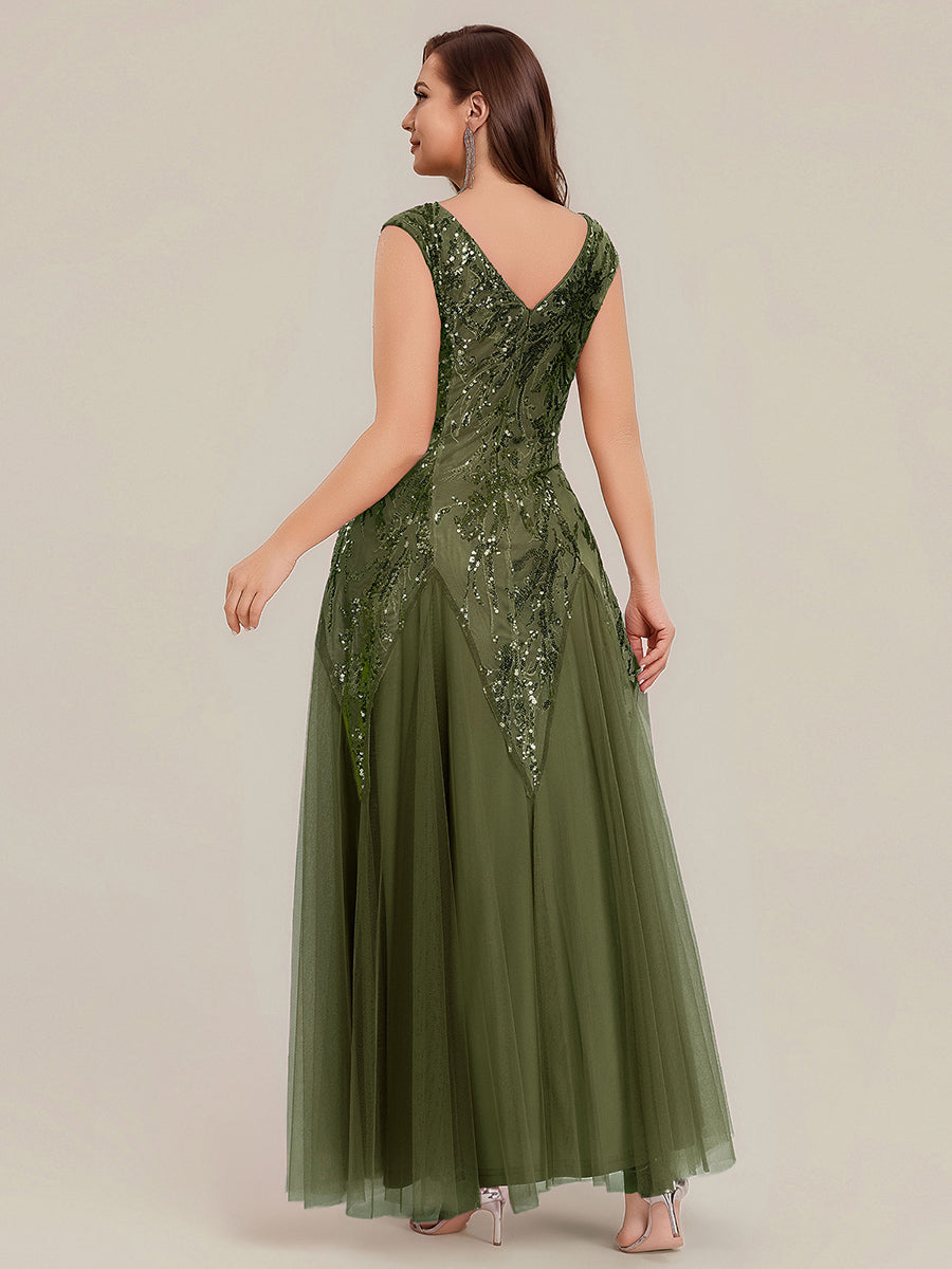 Bodenlanger V-Ausschnitt A-Linie Pailletten Kleid Mit Besticktem Blumenmuster #Farbe_Olivgrün