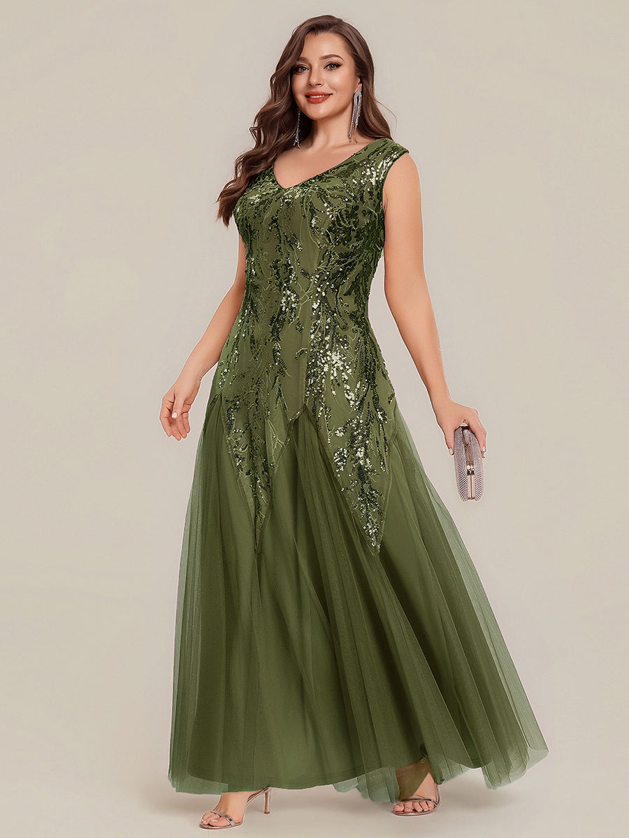 Bodenlanger V-Ausschnitt A-Linie Pailletten Kleid Mit Besticktem Blumenmuster #Farbe_Olivgrün
