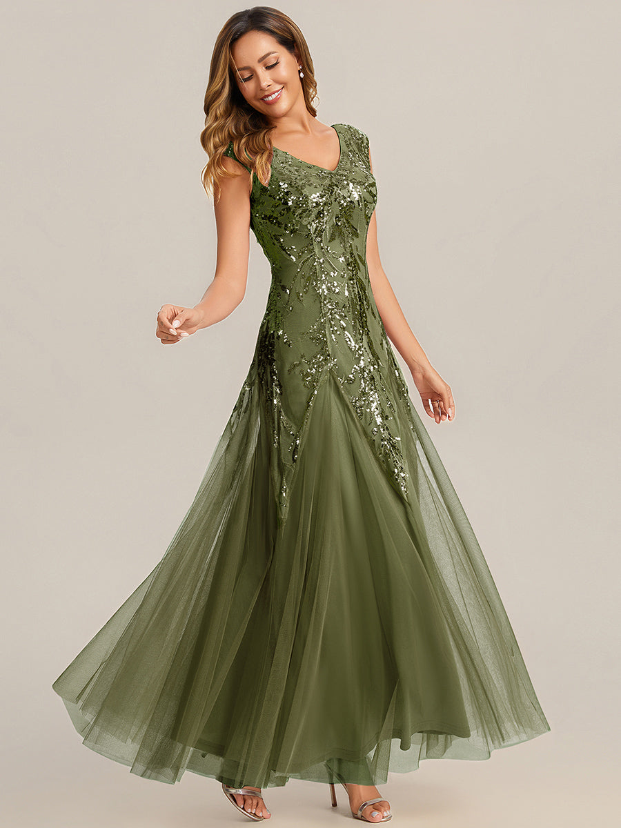 Bodenlanger V-Ausschnitt A-Linie Pailletten Kleid Mit Besticktem Blumenmuster #Farbe_Olivgrün