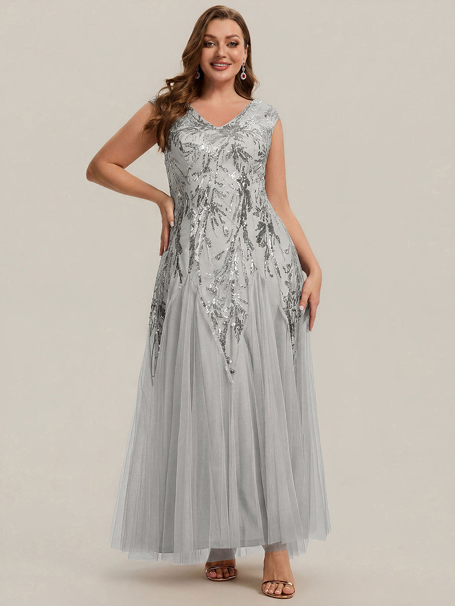 Bodenlanger V-Ausschnitt A-Linie Pailletten Kleid Mit Besticktem Blumenmuster #Farbe_Silber