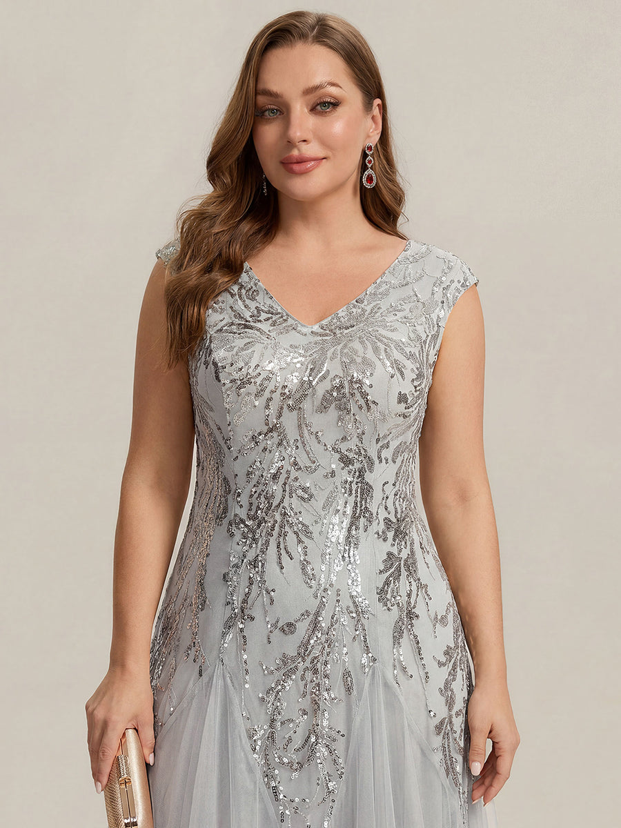 Bodenlanger V-Ausschnitt A-Linie Pailletten Kleid Mit Besticktem Blumenmuster #Farbe_Silber