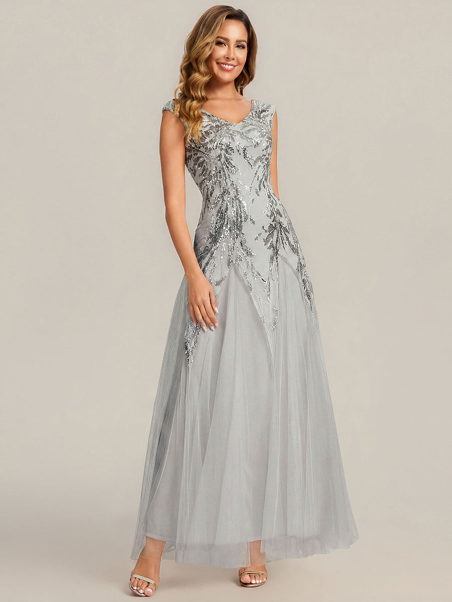 Bodenlanger V-Ausschnitt A-Linie Pailletten Kleid Mit Besticktem Blumenmuster #Farbe_Silber