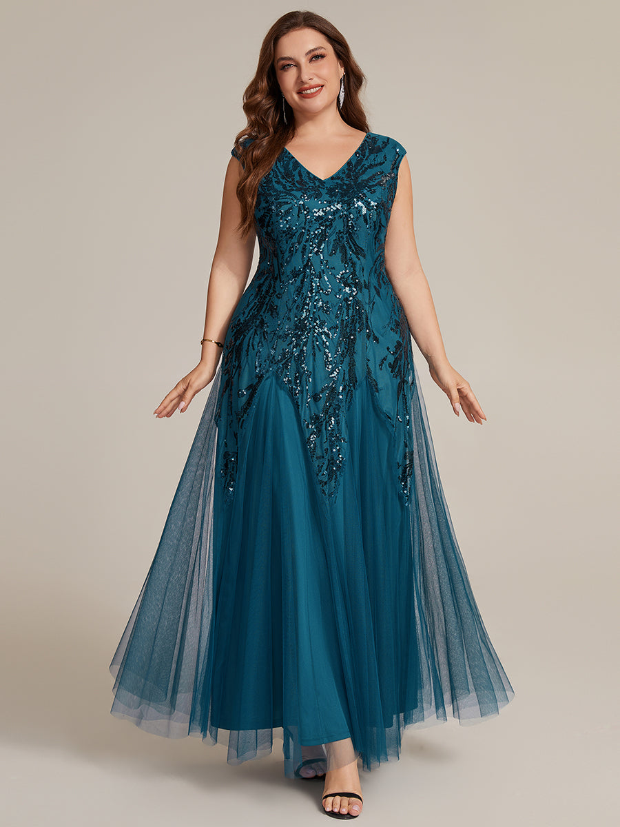 Bodenlanger V-Ausschnitt A-Linie Pailletten Kleid Mit Besticktem Blumenmuster #Farbe_Petrol