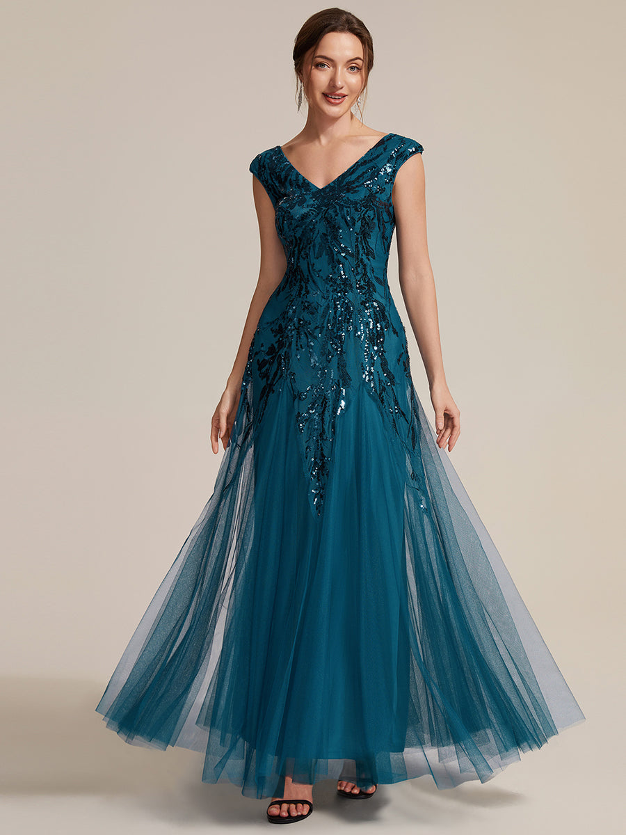 Bodenlanger V-Ausschnitt A-Linie Pailletten Kleid Mit Besticktem Blumenmuster #Farbe_Petrol