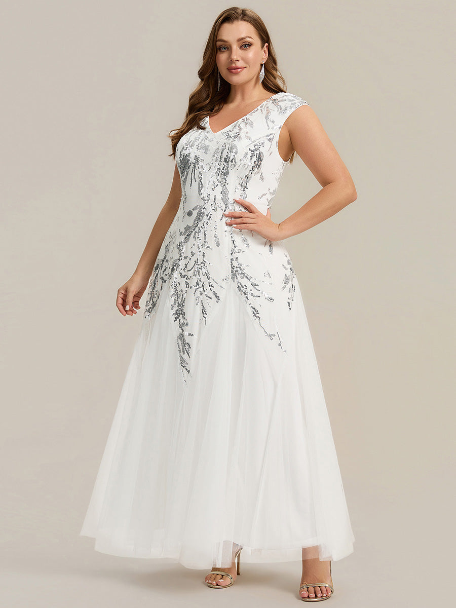 Bodenlanger V-Ausschnitt A-Linie Pailletten Kleid Mit Besticktem Blumenmuster #Farbe_Weiß