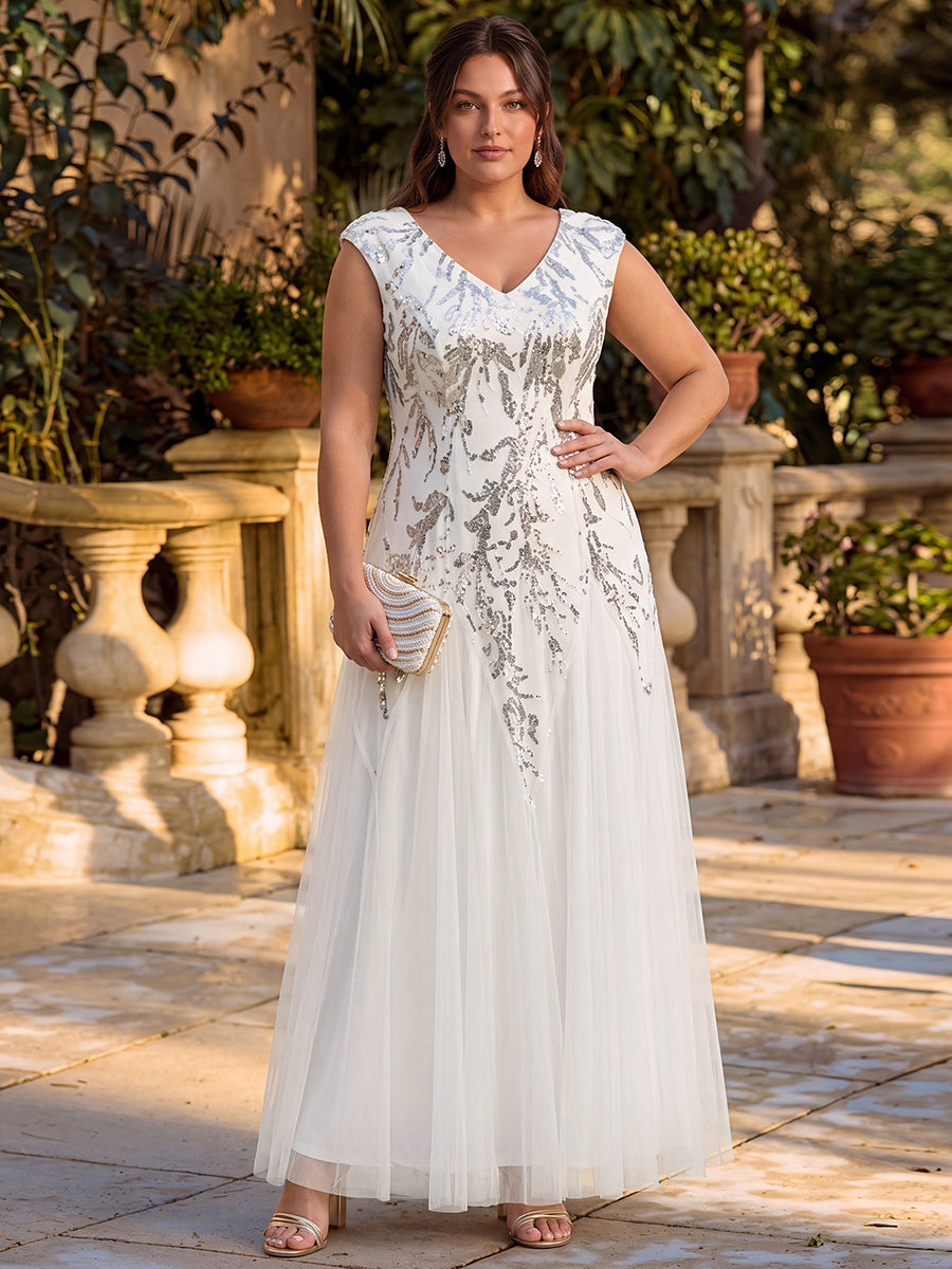 Bodenlanger V-Ausschnitt A-Linie Pailletten Kleid Mit Besticktem Blumenmuster #Farbe_Weiß