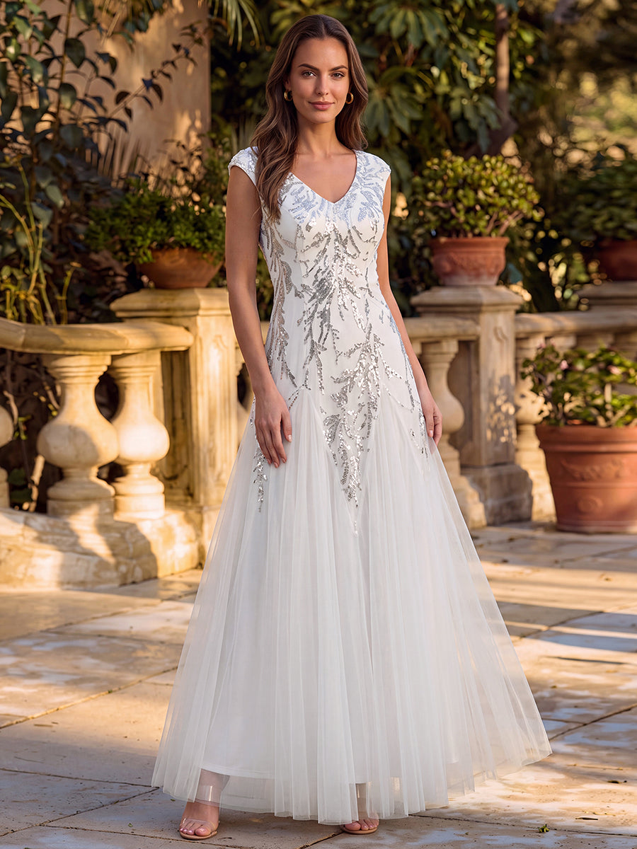 Bodenlanger V-Ausschnitt A-Linie Pailletten Kleid Mit Besticktem Blumenmuster #Farbe_Weiß