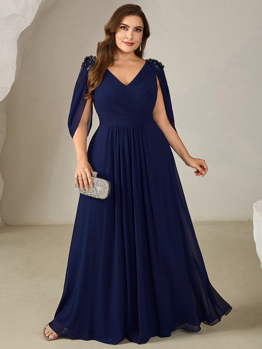Bodenlanger V-Ausschnitt A-Linie Chiffonkleid Mit Blumenmuster Perlenapplikationen Und Raffung #Farbe_Marineblau