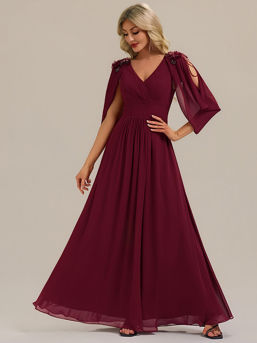 Bodenlanger V-Ausschnitt A-Linie Chiffonkleid Mit Blumenmuster Perlenapplikationen Und Raffung #Farbe_Burgunderrot