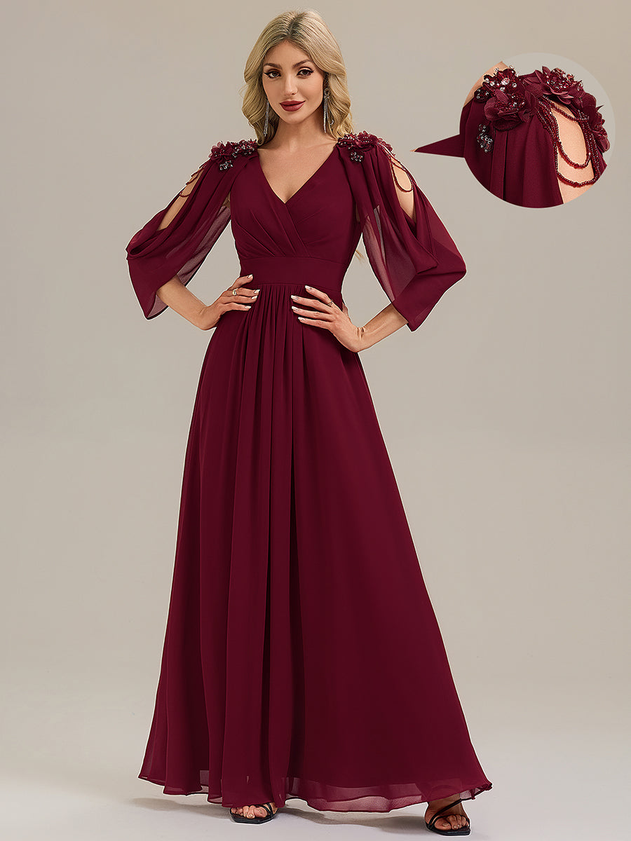 Bodenlanger V-Ausschnitt A-Linie Chiffonkleid Mit Blumenmuster Perlenapplikationen Und Raffung #Farbe_Burgunderrot