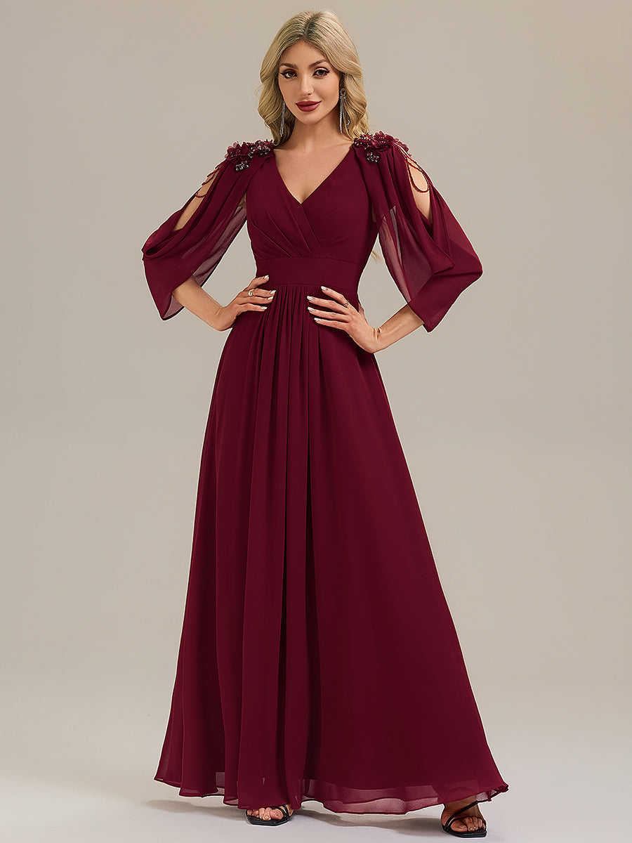 Bodenlanger V-Ausschnitt A-Linie Chiffonkleid Mit Blumenmuster Perlenapplikationen Und Raffung #Farbe_Burgunderrot