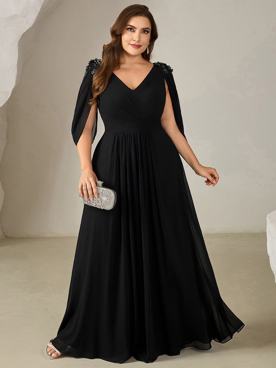 Bodenlanger V-Ausschnitt A-Linie Chiffonkleid Mit Blumenmuster Perlenapplikationen Und Raffung #Farbe_Schwarz