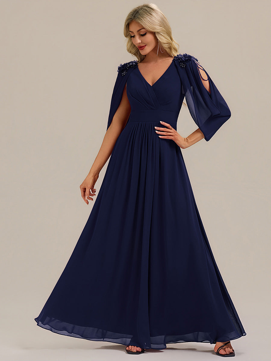 Bodenlanger V-Ausschnitt A-Linie Chiffonkleid Mit Blumenmuster Perlenapplikationen Und Raffung #Farbe_Marineblau