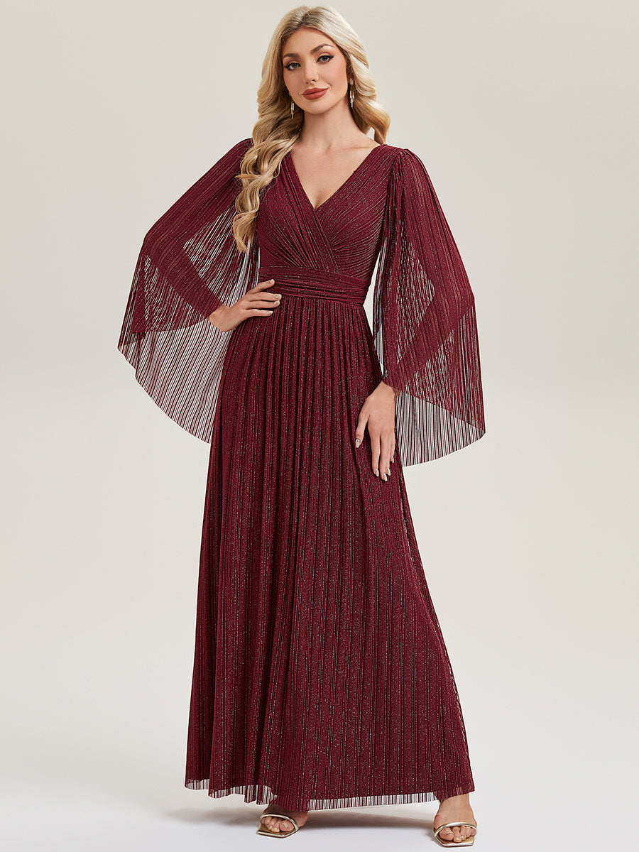 Bodenlanger A-Linien Mesh Kleid Mit Tiefem V-Ausschnitt Eleganz #Farbe_Burgunderrot