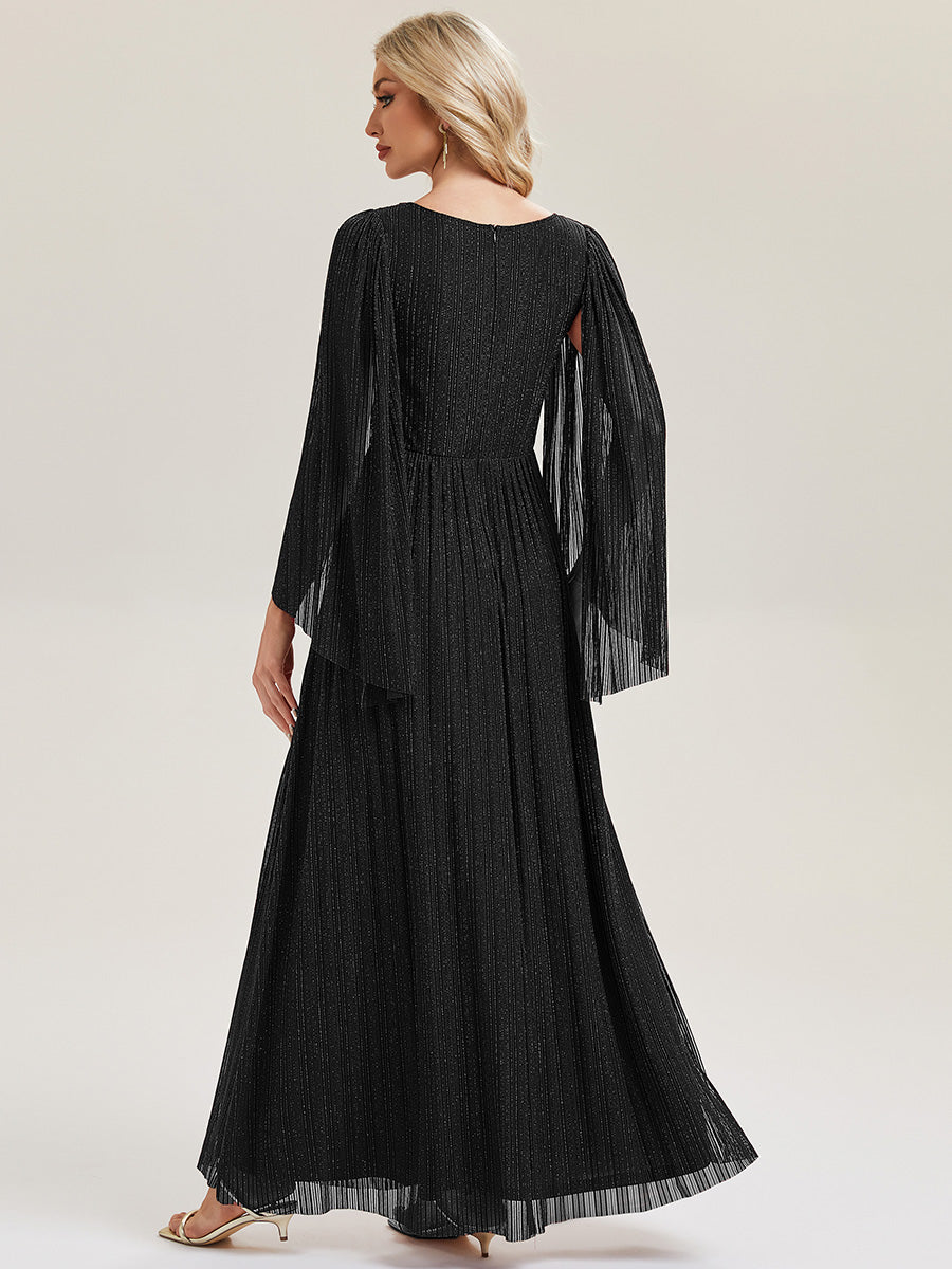 Bodenlanger A-Linien Mesh Kleid Mit Tiefem V-Ausschnitt Eleganz #Farbe_Schwarz