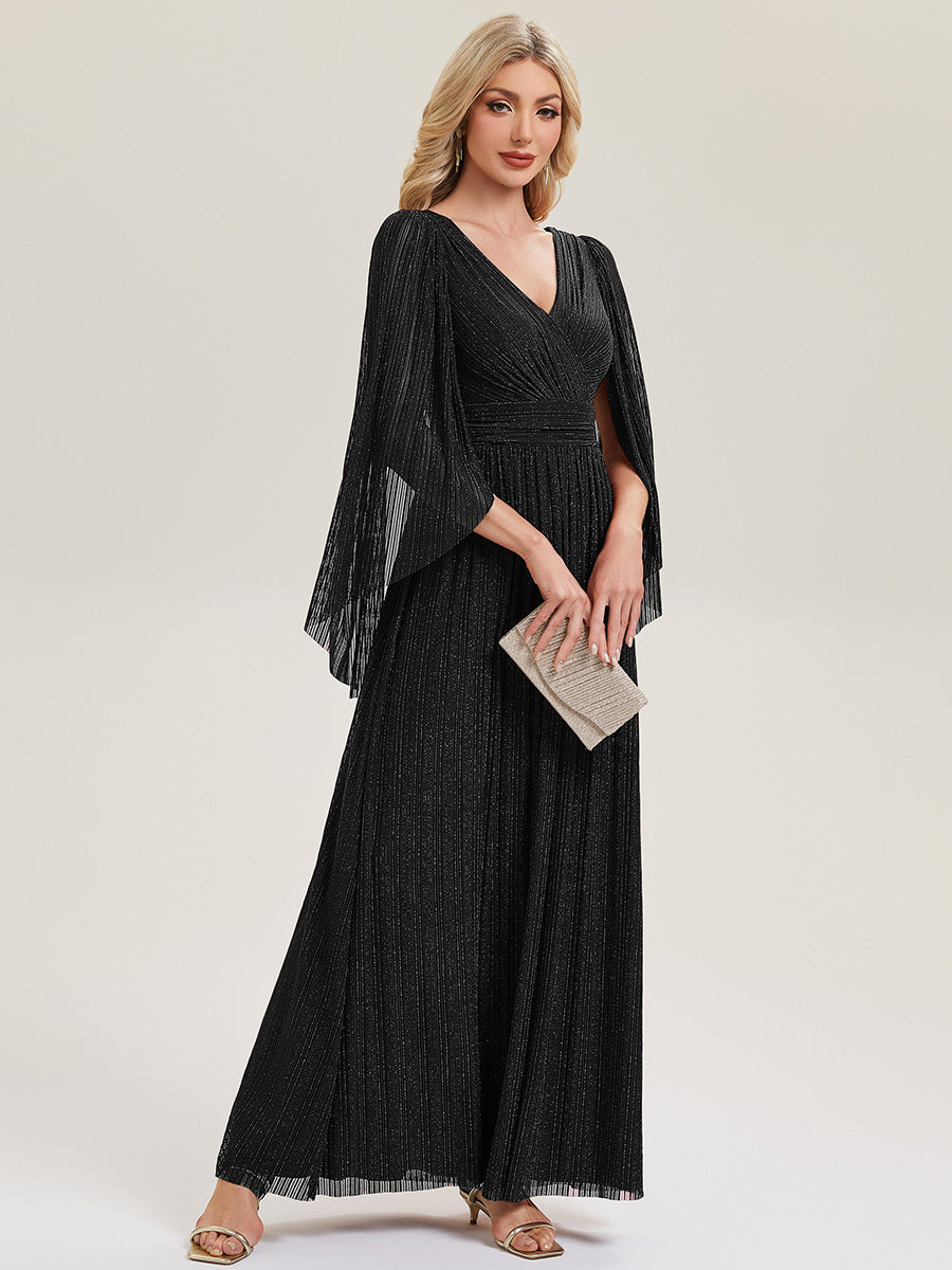 Bodenlanger A-Linien Mesh Kleid Mit Tiefem V-Ausschnitt Eleganz #Farbe_Schwarz