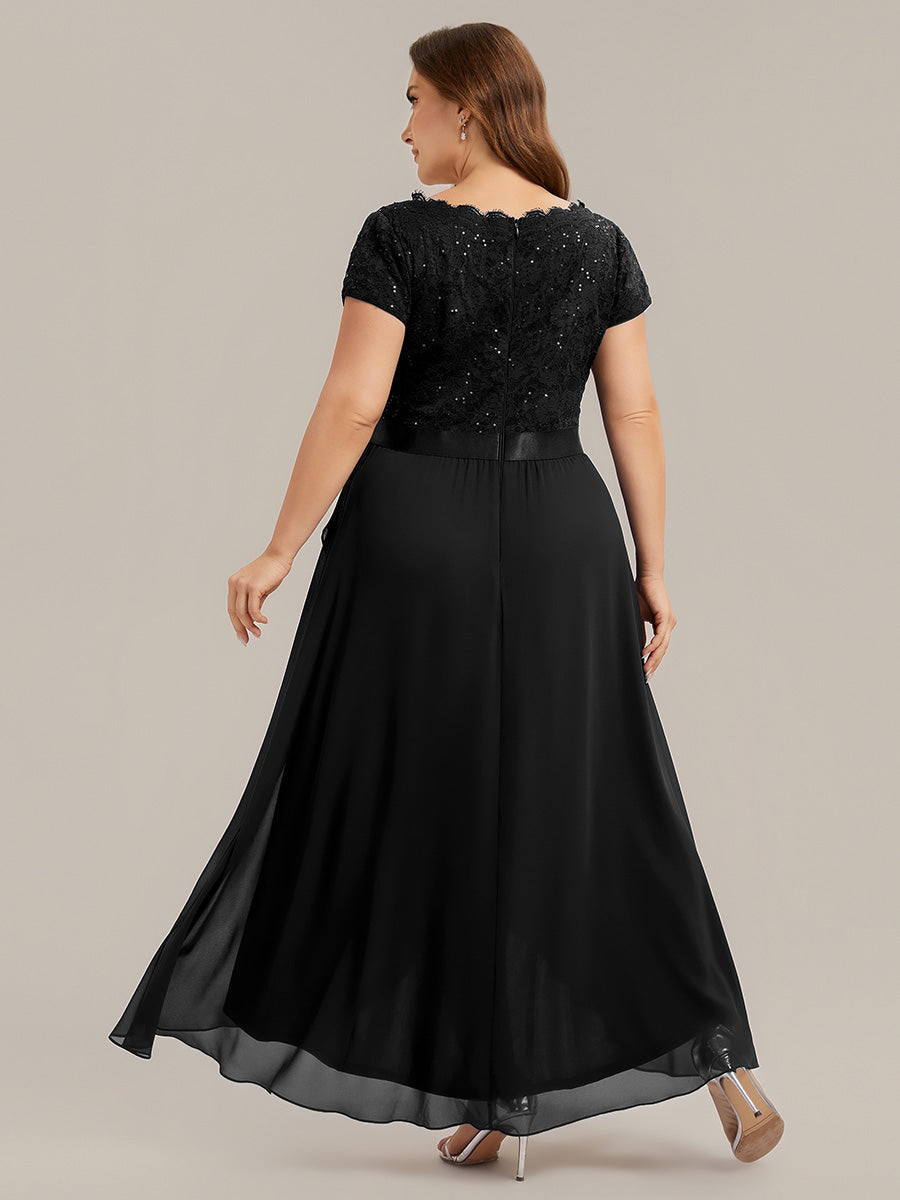 Asymmetrischer Saum, tiefer V-Ausschnitt, Chiffon-Kleid mit Rüschen-Patchwork – Hoch-Tief-Kleid #Farbe_Schwarz