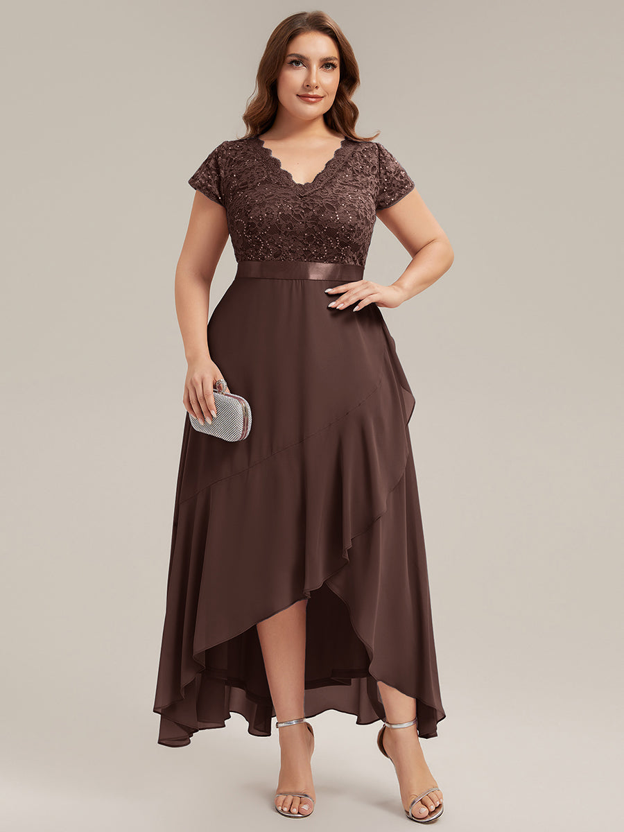Asymmetrischer Saum, tiefer V-Ausschnitt, Chiffon-Kleid mit Rüschen-Patchwork – Hoch-Tief-Kleid #Farbe_Schokoladenbraun