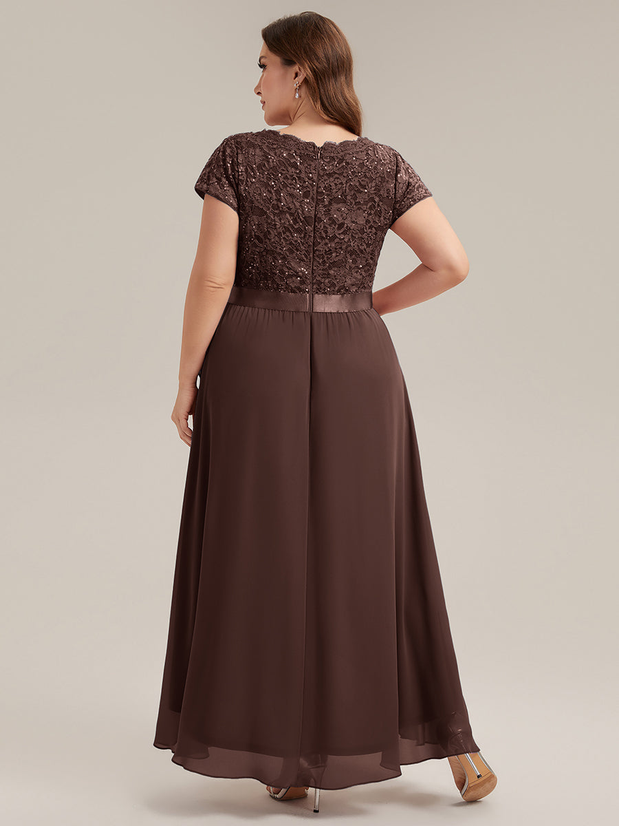 Asymmetrischer Saum, tiefer V-Ausschnitt, Chiffon-Kleid mit Rüschen-Patchwork – Hoch-Tief-Kleid #Farbe_Schokoladenbraun