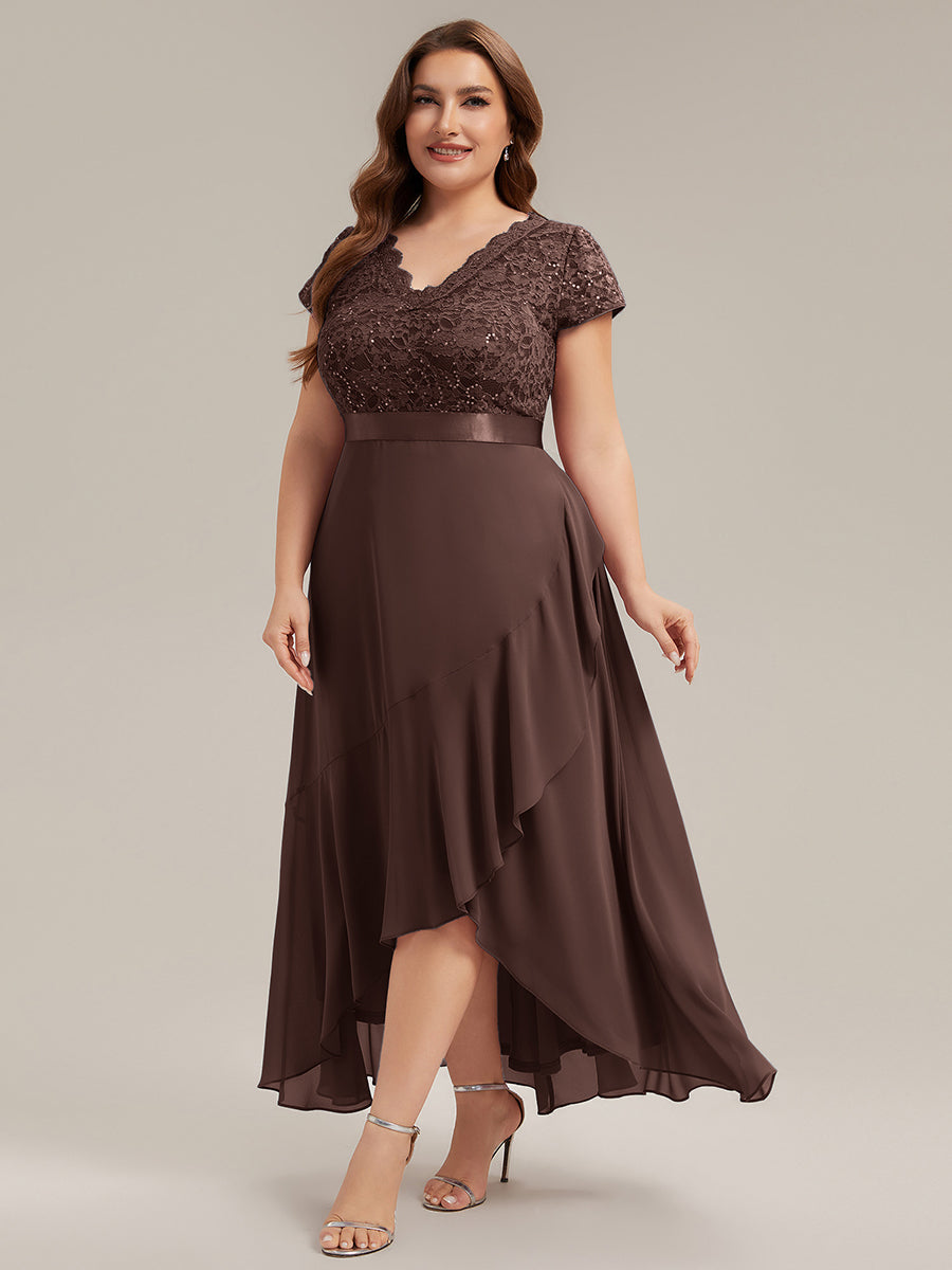 Asymmetrischer Saum, tiefer V-Ausschnitt, Chiffon-Kleid mit Rüschen-Patchwork – Hoch-Tief-Kleid #Farbe_Schokoladenbraun