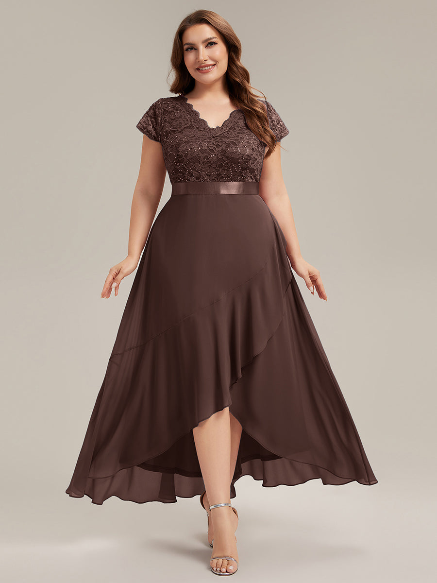 Asymmetrischer Saum, tiefer V-Ausschnitt, Chiffon-Kleid mit Rüschen-Patchwork – Hoch-Tief-Kleid #Farbe_Schokoladenbraun