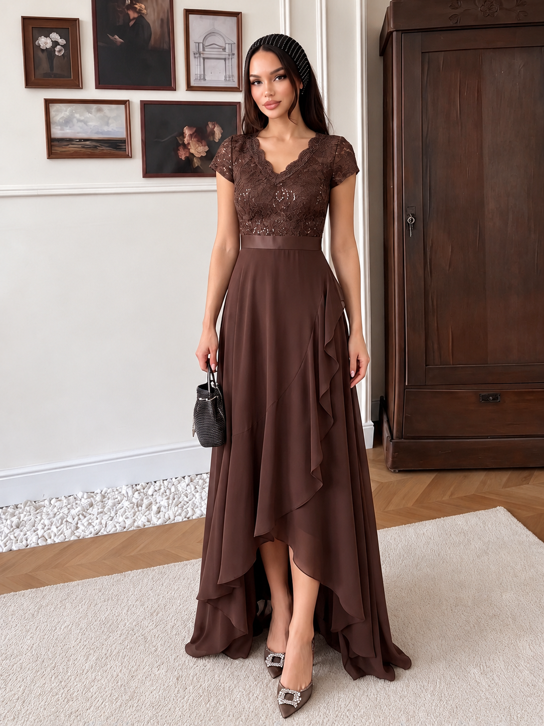 Asymmetrischer Saum, tiefer V-Ausschnitt, Chiffon-Kleid mit Rüschen-Patchwork – Hoch-Tief-Kleid #Farbe_Schokoladenbraun