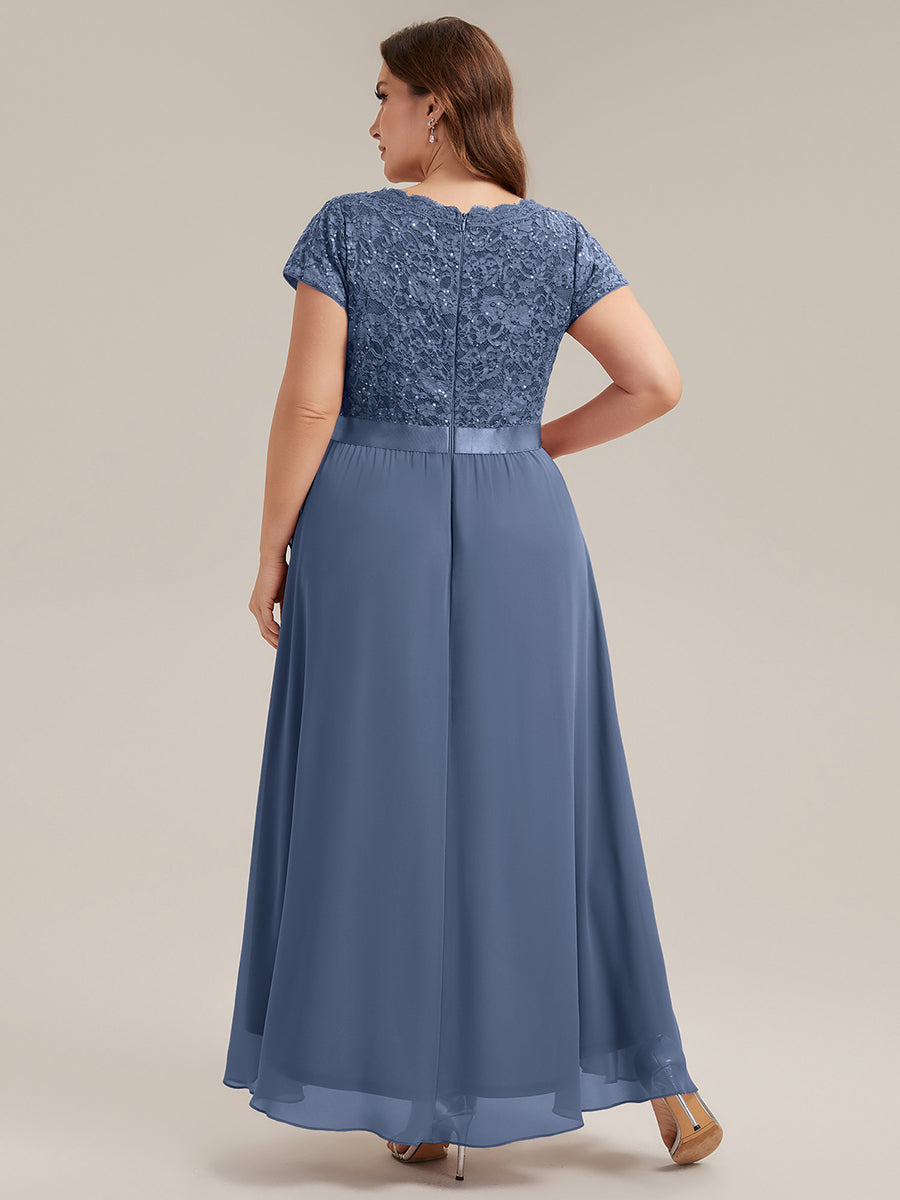 Asymmetrischer Saum, tiefer V-Ausschnitt, Chiffon-Kleid mit Rüschen-Patchwork – Hoch-Tief-Kleid #Farbe_Taubenblau