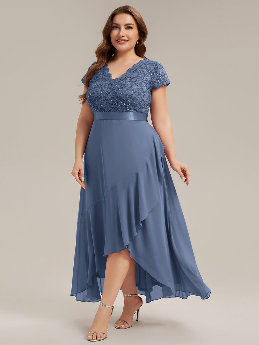 Asymmetrischer Saum, tiefer V-Ausschnitt, Chiffon-Kleid mit Rüschen-Patchwork – Hoch-Tief-Kleid #Farbe_Taubenblau