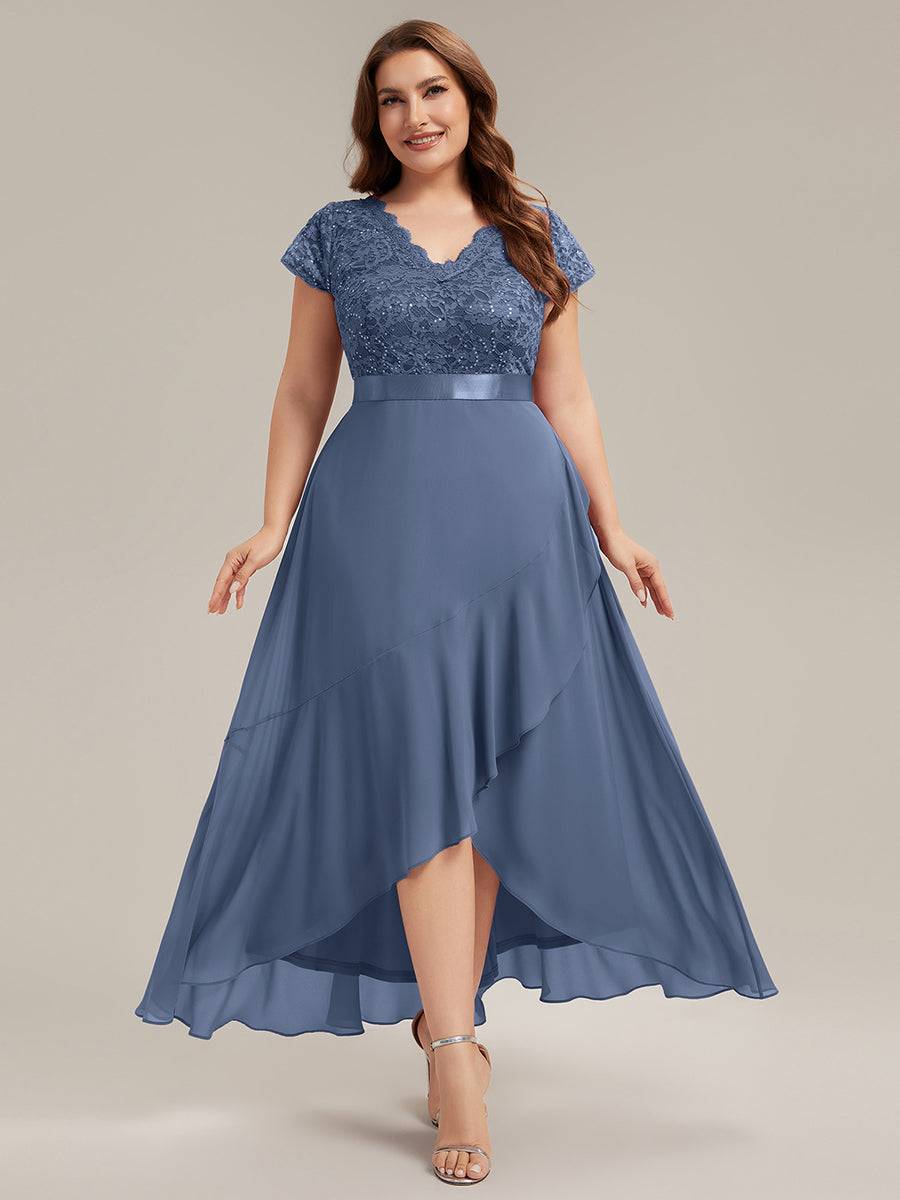 Asymmetrischer Saum, tiefer V-Ausschnitt, Chiffon-Kleid mit Rüschen-Patchwork – Hoch-Tief-Kleid #Farbe_Taubenblau