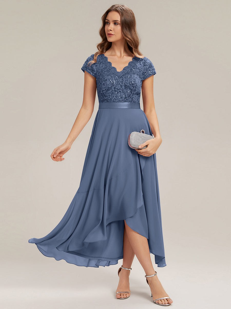 Asymmetrischer Saum, tiefer V-Ausschnitt, Chiffon-Kleid mit Rüschen-Patchwork – Hoch-Tief-Kleid #Farbe_Taubenblau