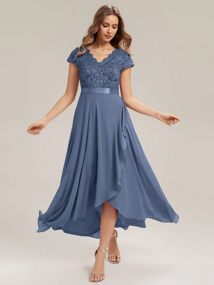 Asymmetrischer Saum, tiefer V-Ausschnitt, Chiffon-Kleid mit Rüschen-Patchwork – Hoch-Tief-Kleid #Farbe_Taubenblau