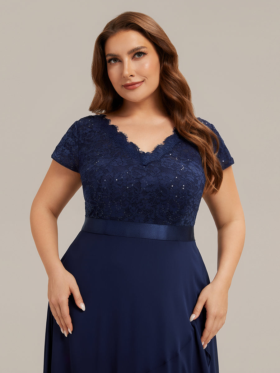Asymmetrischer Saum, tiefer V-Ausschnitt, Chiffon-Kleid mit Rüschen-Patchwork – Hoch-Tief-Kleid #Farbe_Marineblau