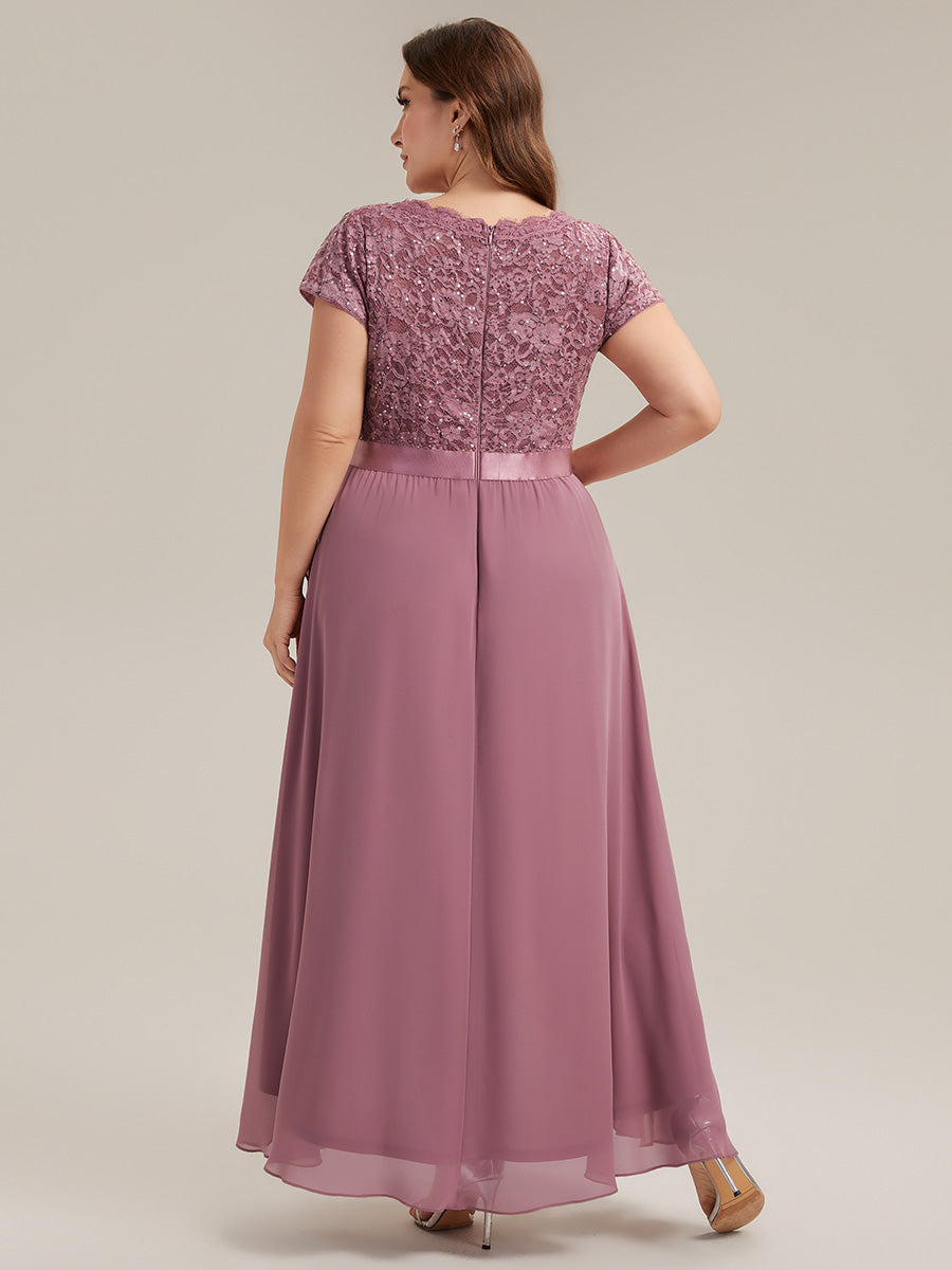 Asymmetrischer Saum, tiefer V-Ausschnitt, Chiffon-Kleid mit Rüschen-Patchwork – Hoch-Tief-Kleid #Farbe_Orchideenviolett